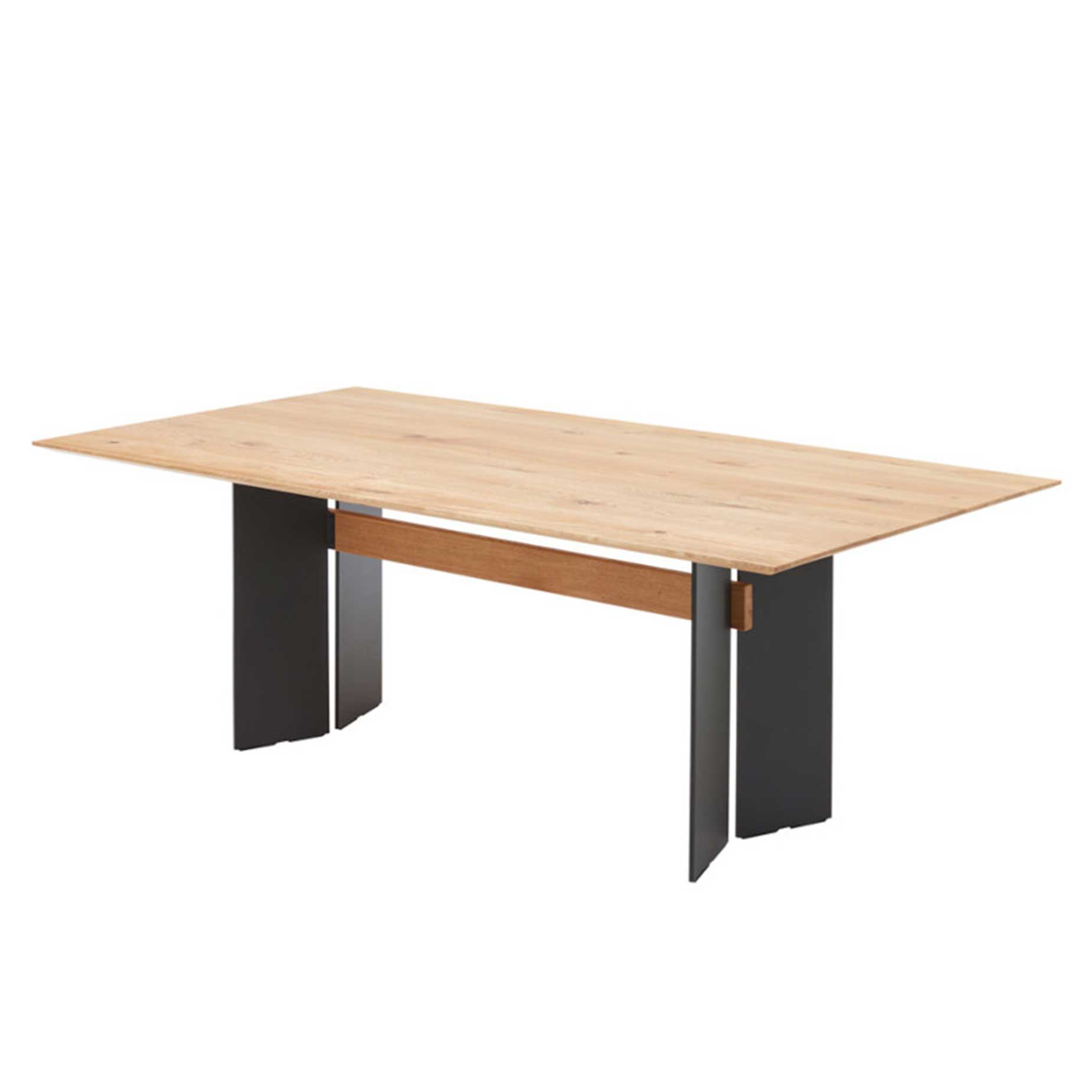 Wangenesstisch 453 mit Metallwangen in carbon farbig und einer Wildeiche Esstischplatte.