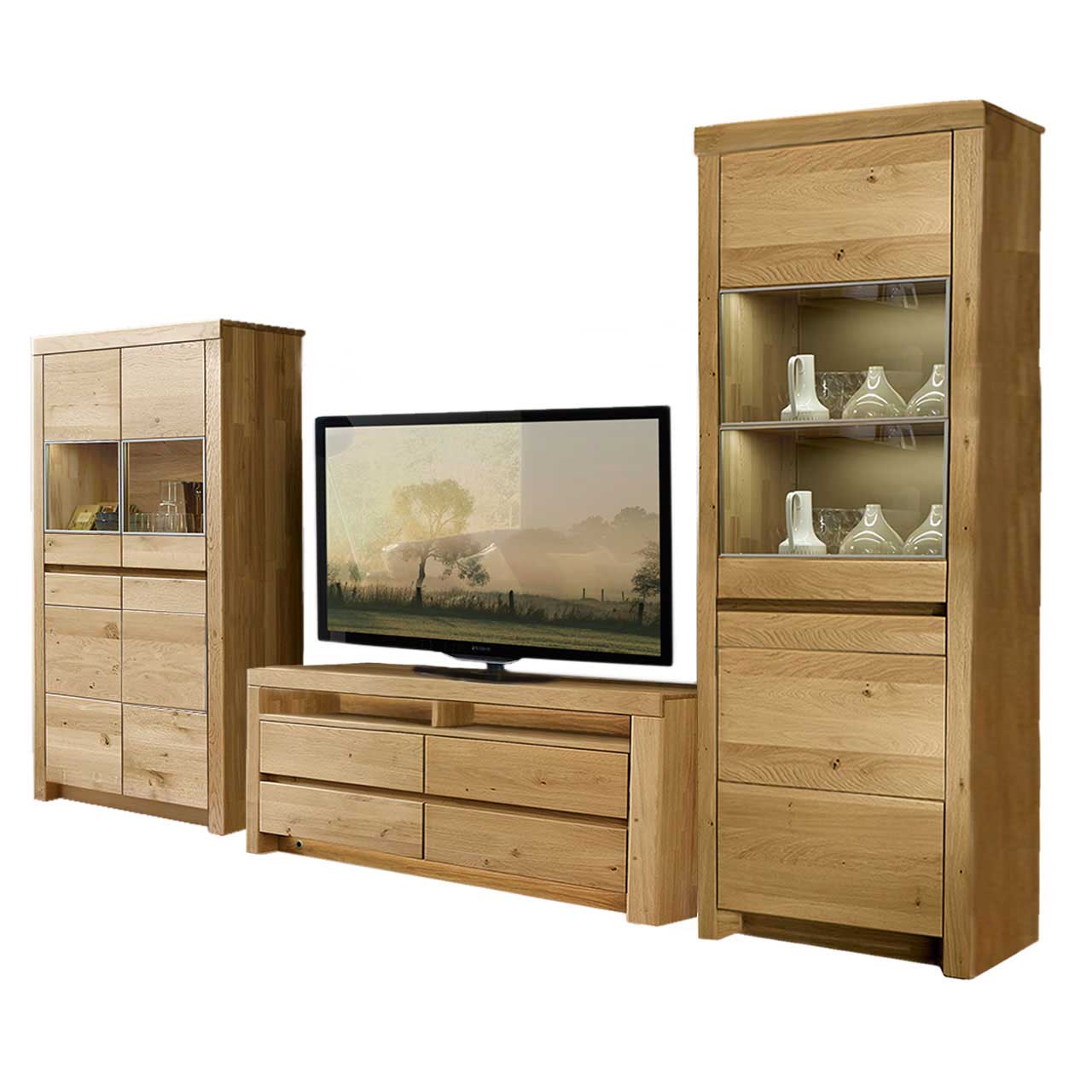 Soleo 3000 Wohnwand 3011 Wildeiche SOLEO 3000 - Wohnwand 3011 in Wildeiche, bestehend aus einem Lowboard, Highboard mit zwei Vitrinenfächern und eine hohem Schrank ebenfalls mit zwei Vitrinenfächern im oberen Teil des Schrankes.