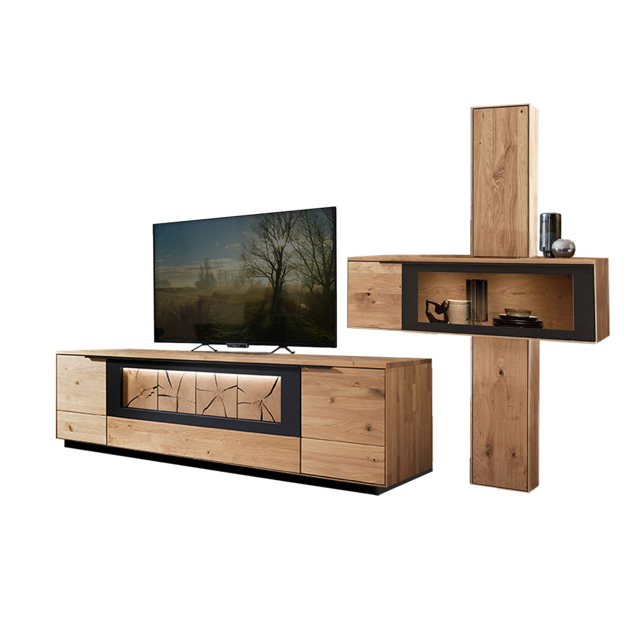 WM 1910 Wohnzimmer Type 0011S Wohnzimmer Type 0011S, aus 1 Hängeelement als Zweiteiler ein oberes und ein unteres Element mit Holztüren, kombiniert mit 1 querliegende Hängevitrine und einem Lowboard mit Hirnholz Akzent mit Sockel.