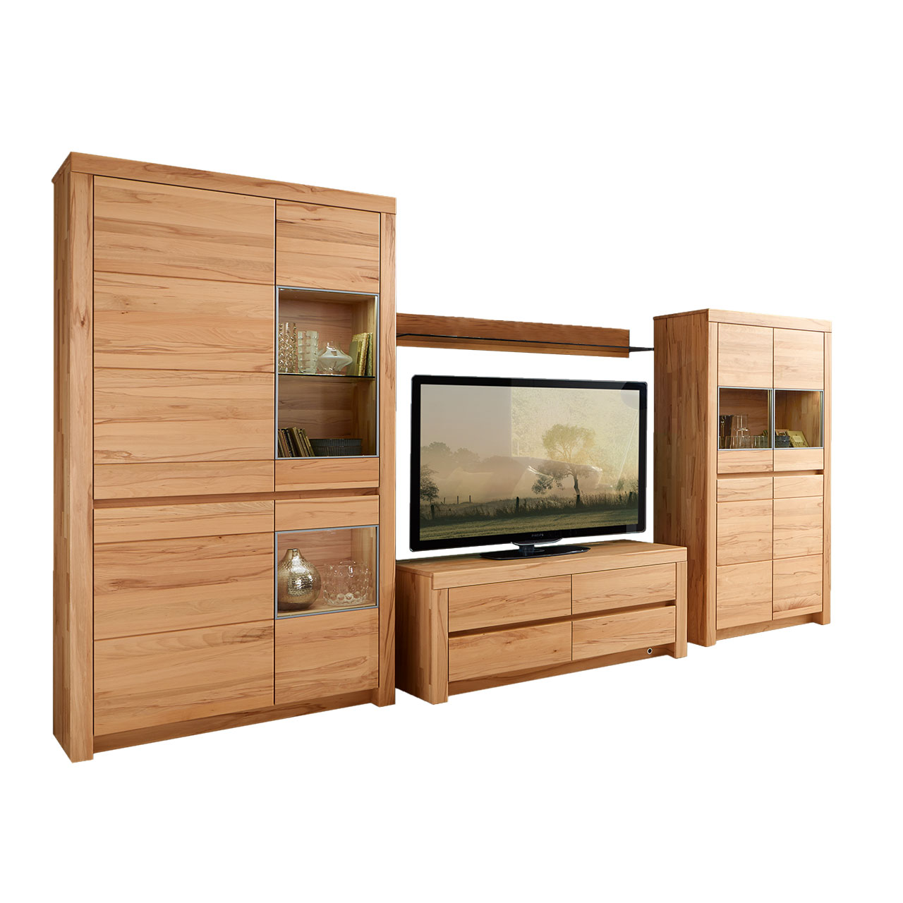 Soleo3000-Wohnkombi-Type-3006-KERNBUCHE SOLEO 3000 - Wohnwand 3006 in Kernbuche, aus einem Lowboard, Highboard mit zwei Vitrinenfächern nebeneinander angeordnet und eine hohem Schrank, mit zwei Vitrinenfächern im oberen Teil des Schrankes.