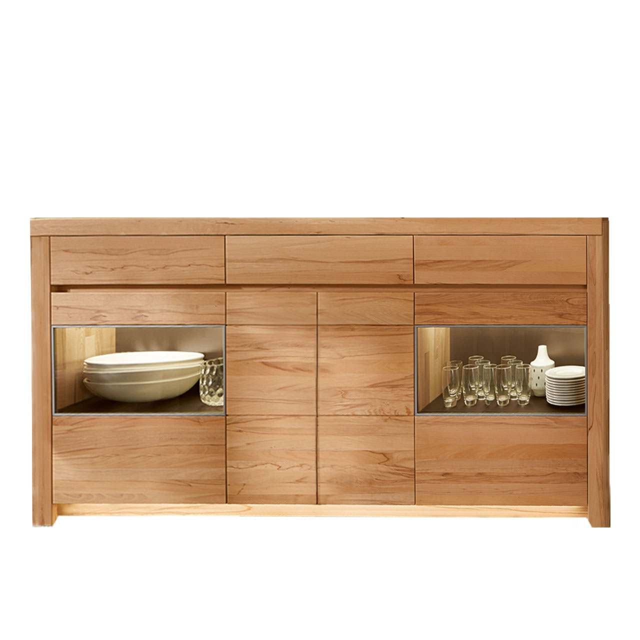 Soleo-3000-Sideboard-3140-freisteller-kernbuche Sideboard in massiver Kernbuche Type 3140 mit drei Schubkästen und zwei Holztüren mittig, zwei Türen mit Vitrinenfach.