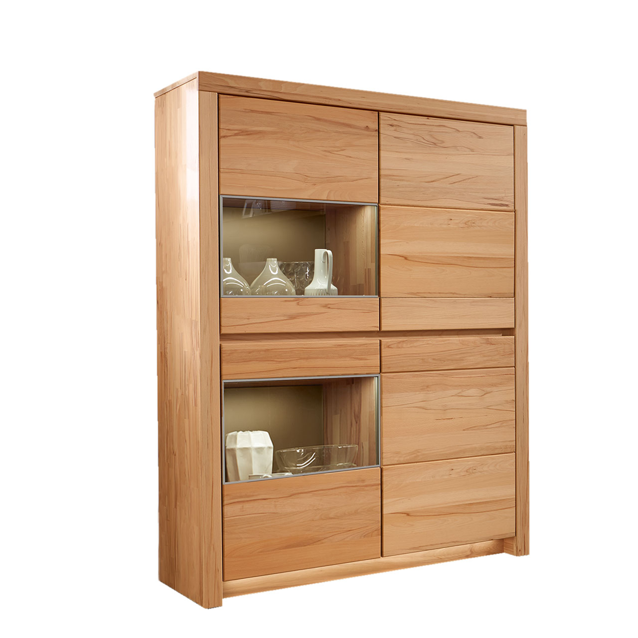 Soleo-3000-Zeilenschrank-4903-freigestellt-Kernbuche SOLEO 3000 Zeilenschrank Type 4903 in massiver Kernbuche, mit zwei Holztüren und zwei Türen mit Vitrinenfach untereinander angeordnet.