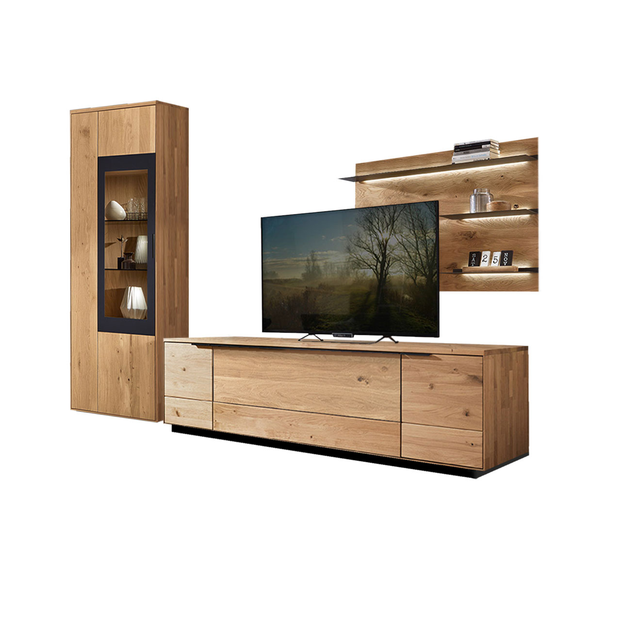 WM 1910 Wohnzimmer Type 0009S Wohnzimmer Type 0009S bestehend aus einem Zeilenschrank mit Vitrineneinsatz in Wildeiche abgesetzt mit einem carbonfarbigen Metallrahmen, kombiniert mit einem Wandpanee und einem Lowboard in Wildeiche mit Sockel.