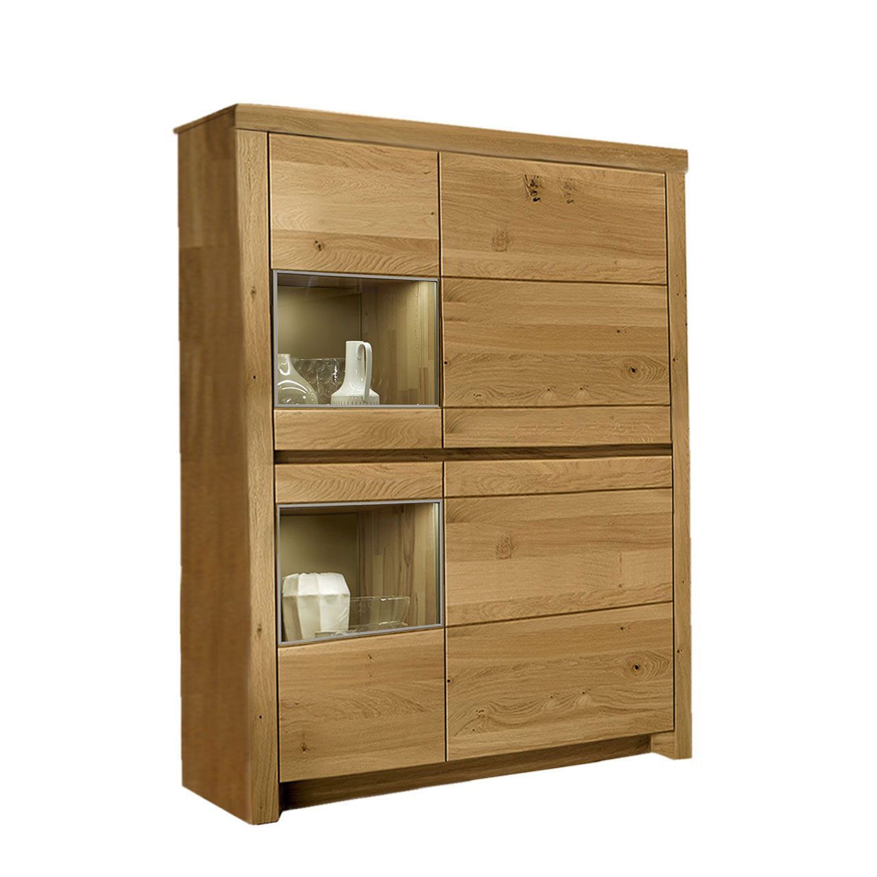 Soleo-3000-Zeilenschrank-4123-freigestellt-Wildeiche SOLEO 3000 Zeilenschrank Type 4123 in massiver Wildeiche, mit zwei breitenHolztüren und zwei schalen Türen mit Vitrinenfach untereinander angeordnet.